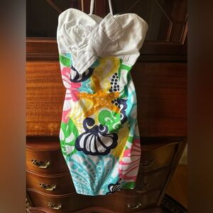 Lilly Pulitzer strapless multi color shell dress, size 2, 100% cotton, hand wash